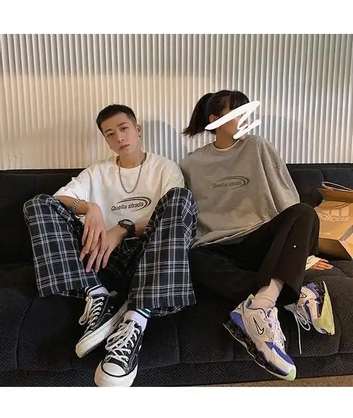 100%纯棉短袖男夏季宽松ins潮港风印花圆领半袖休闲情