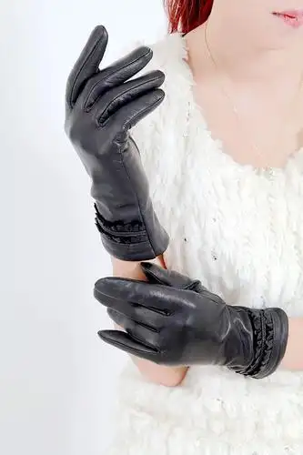 howhot 双貉女款花边腕口羊绒里衬真皮手套