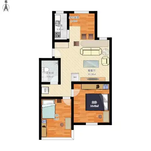 绿岛花园2室1厅1卫1厨96.00㎡户型图