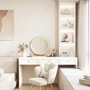 轻奢梳妆台简约现代化妆桌伸缩柜一体卧室飘窗多功能奶油风收纳柜