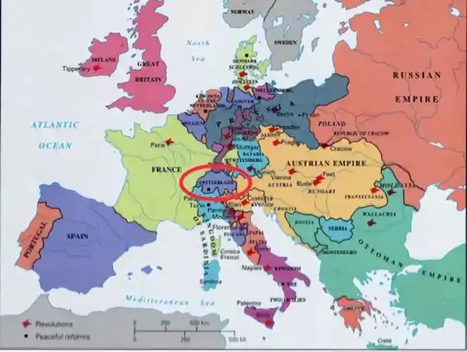 在地理位置上,18世纪的瑞士处于非常尴尬的位置,东有神圣罗马帝国