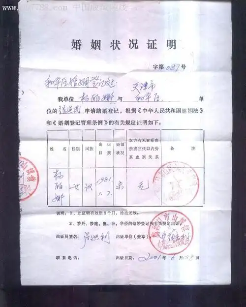 2001年婚姻状况证明