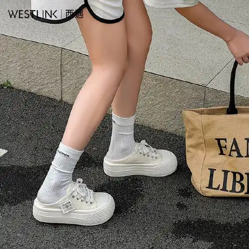 159   西遇半拖帆布鞋女2024新款夏季懒人一脚蹬休闲鞋厚底包头拖鞋