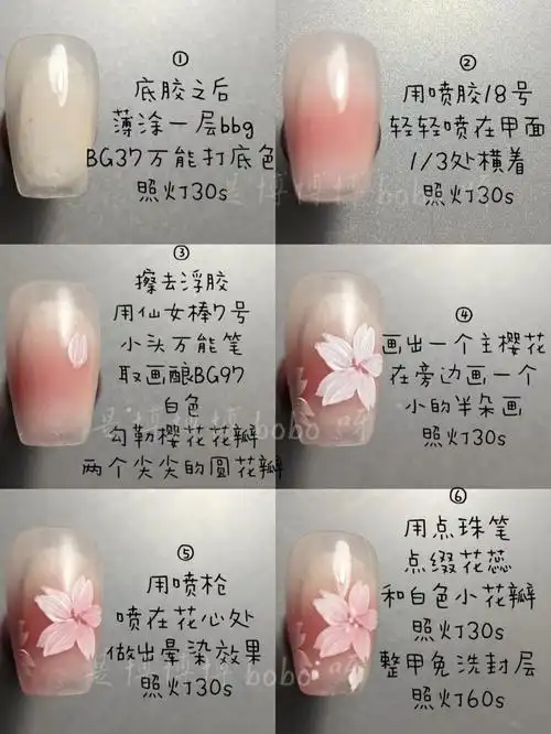 春季樱花少女透粉色腮红晕染美甲教程