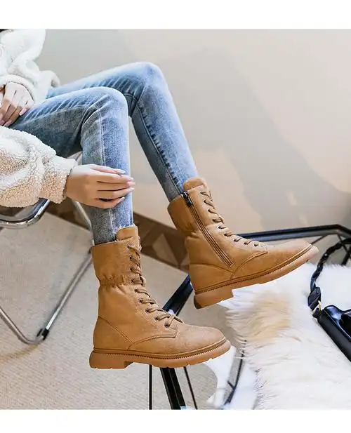 靴女英伦风冬季加绒新款百搭靴子短靴雪地靴女棉鞋子 sy l8019-1棕色