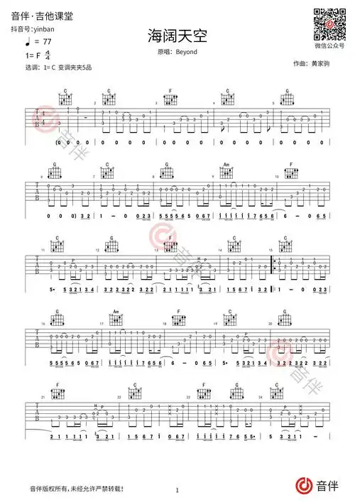 海阔天空指弹吉他谱1