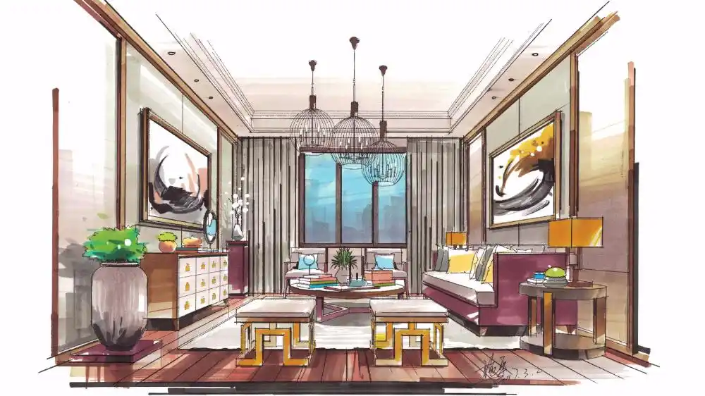 【室内设计手绘】现代中式客厅上色步骤图!