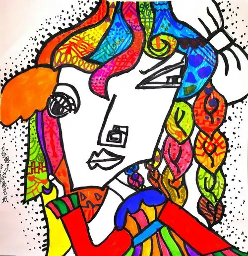 小朋友的心中的绘画偶像(亲亲)(亲亲),周围是他的绘画作品,人脸够变形