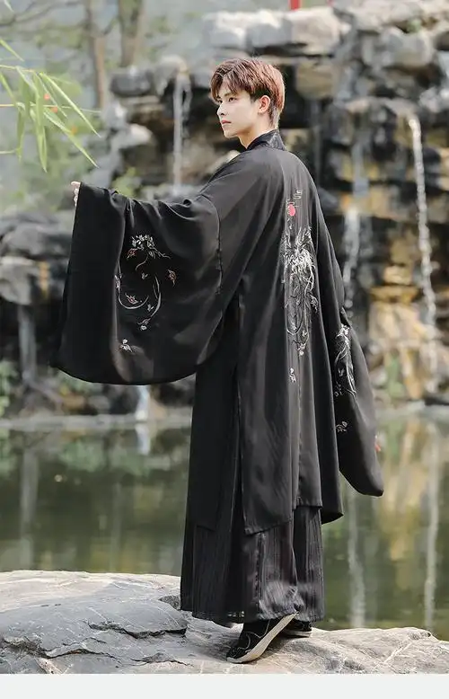 黑色系凤凰大氅交领上衣襦裙套装传统男士武侠风大码古装表演班服
