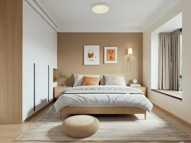 主卫设计成暖色系,床头用了大面积的暖换色