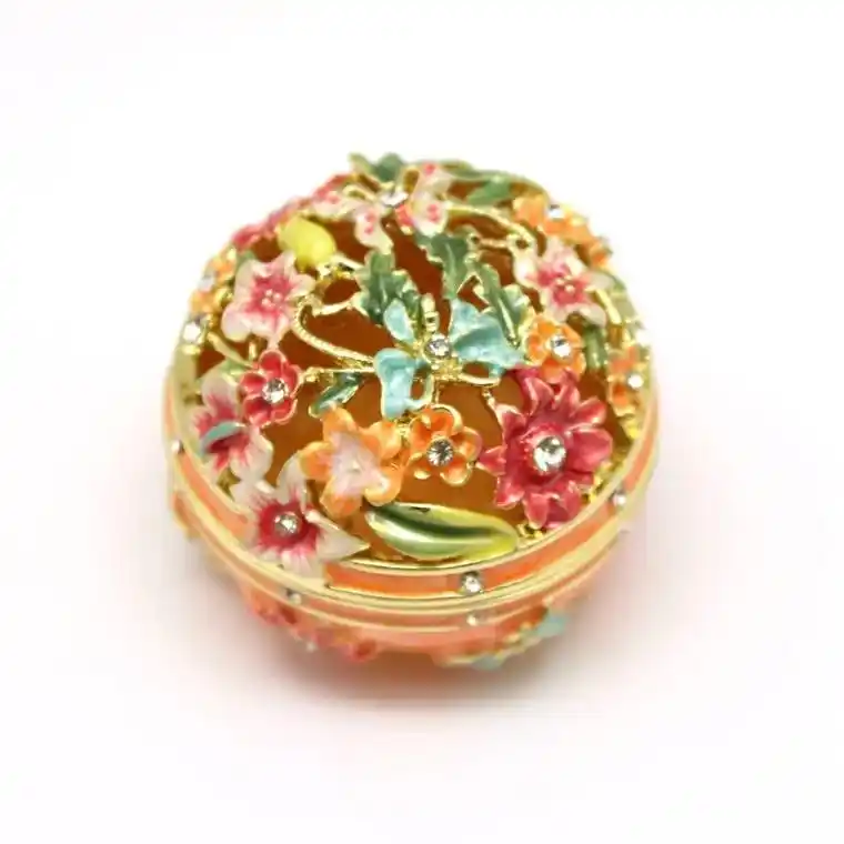 这个珐琅首饰盒真的太美了,手工工艺做得非常精细,圆形镂空设计 - 抖