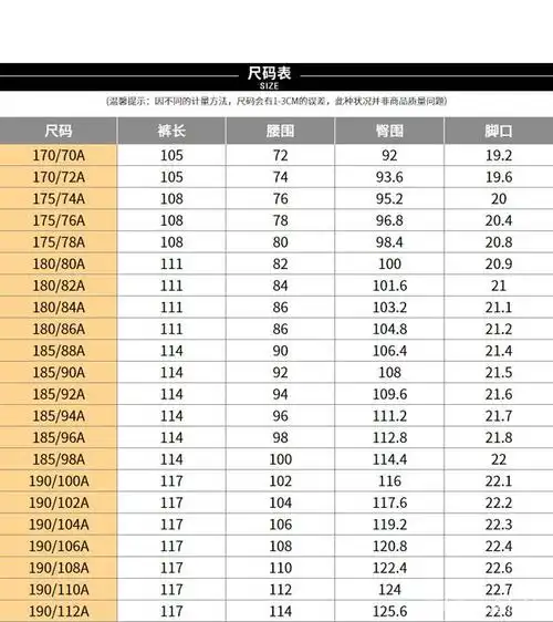 男士西裤尺码表对照表