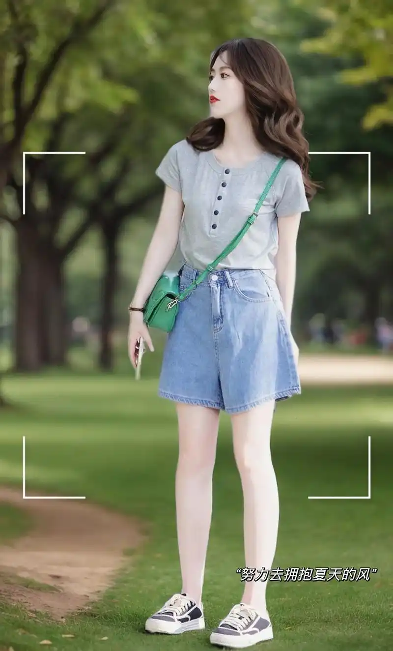 小个子女生穿搭系列!推荐这套简约大气又复古的短袖 t 恤 牛仔短裤!