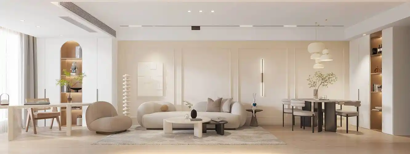 客餐厅整个空间墙面几乎以淡奶茶色为主,让人仿佛是泡在了奶茶中,整个