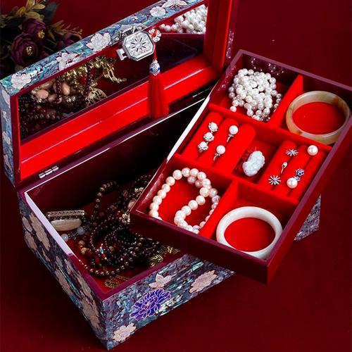 高档螺钿首饰盒漆器订婚结婚礼物陪嫁三金收纳盒中式复古珠宝盒子