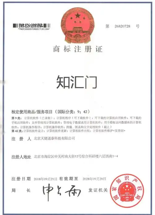 天健通泰喜报连连 – "知汇门"成功取得国家商标注册证书