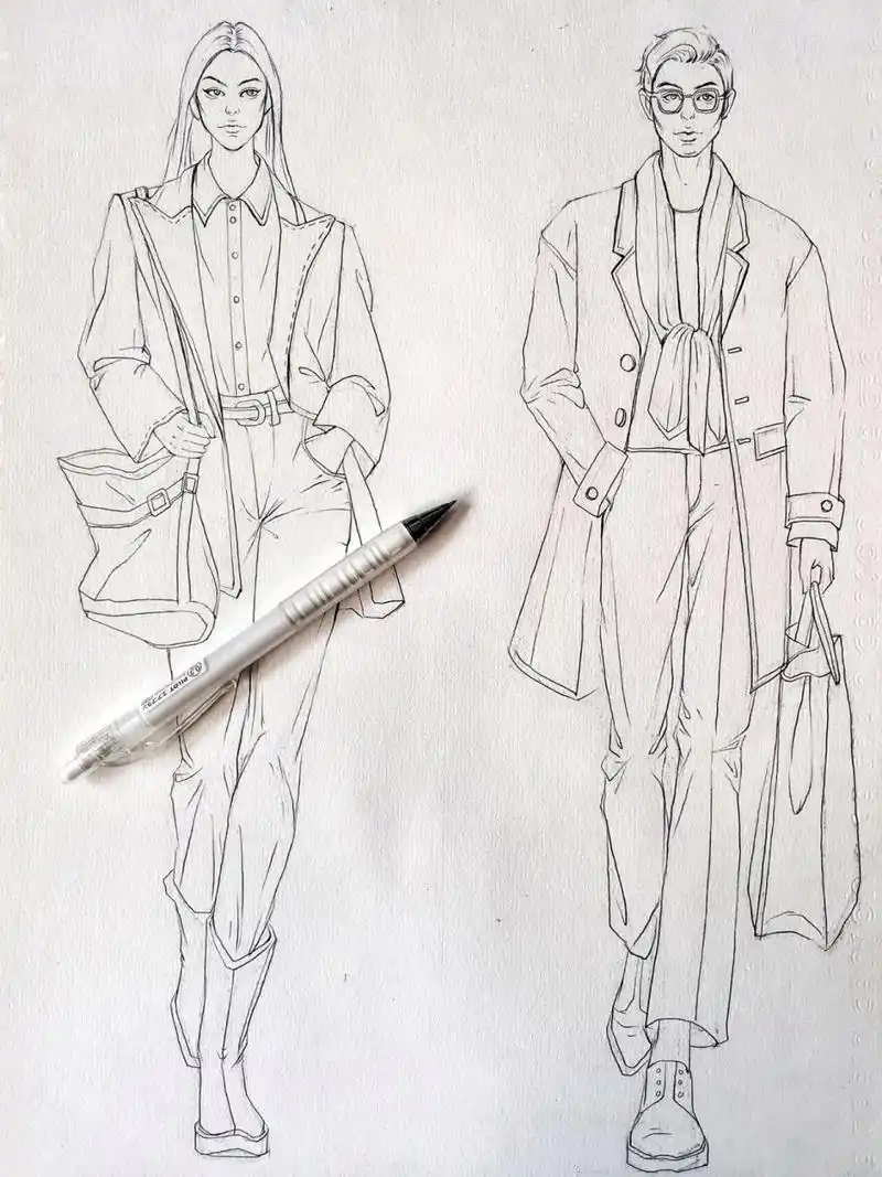 服装效果图男女铅笔线稿73