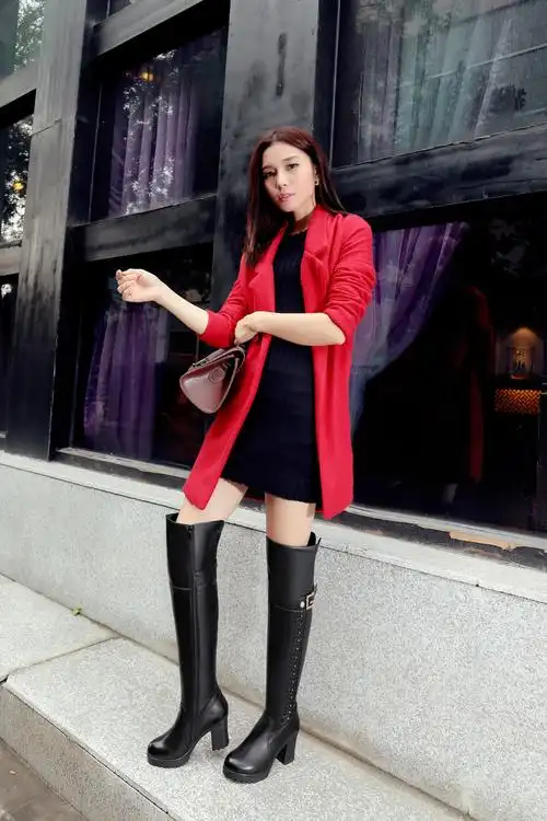 新款女王范时尚过膝长靴 女士头层牛皮瘦腿女鞋靴子批发