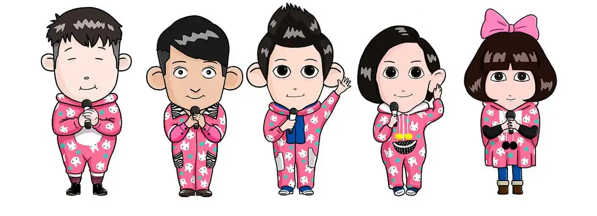 从左至右依次是杜海涛,李维嘉,何炅,谢娜和吴昕.