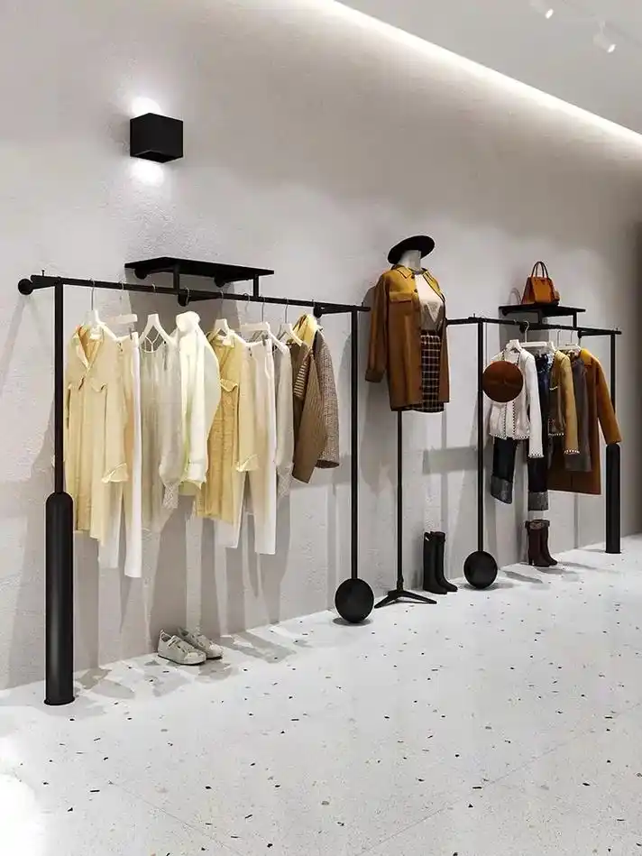 衣服展示架服装店上墙铁艺黑色层板置物专用挂衣架女装店陈列货架
