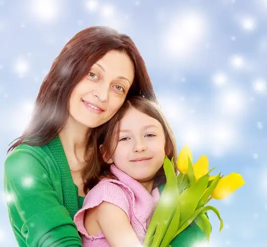 头像,母女,花束,郁金香,高兴,母亲,女儿,黄色,蓝色,圣诞节,喜庆,背景