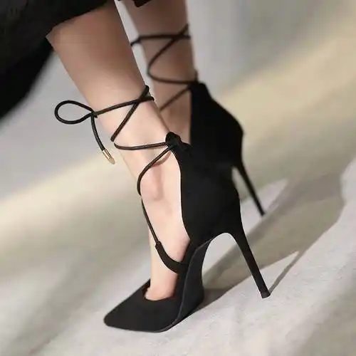 2022年夏新款黑色尖头细绳绑带高跟鞋女细跟性感时尚包头复古凉鞋