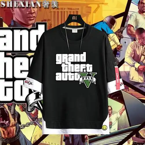 gta周边5侠盗猎车手圣安地列斯游戏纯棉衣服男女假两件短袖