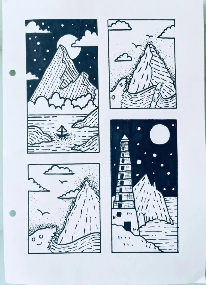 简笔画临摹黑白装饰画海边风景