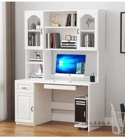 书桌书柜组合现代简约写字桌学习桌子带书架写字台粉色暖白环保颗粒板