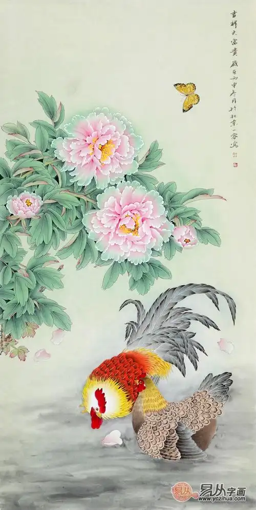 四,玄关挂吉祥富贵牡丹公鸡图,寓意着家庭和谐幸福!