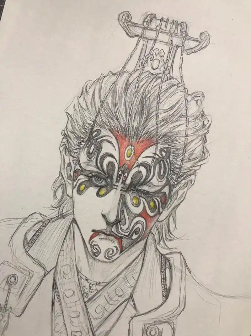 铅笔画京剧脸谱漫改中--三殿阎君-宋帝王.#铅笔画 #手绘头 - 抖音
