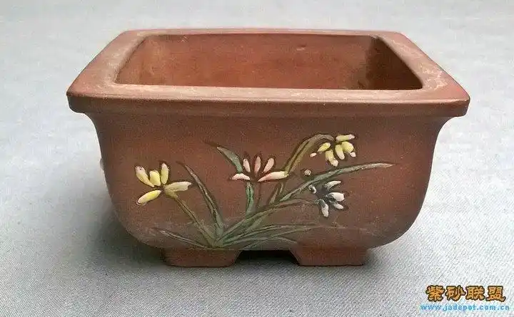 七十年代四方加釉彩花盆