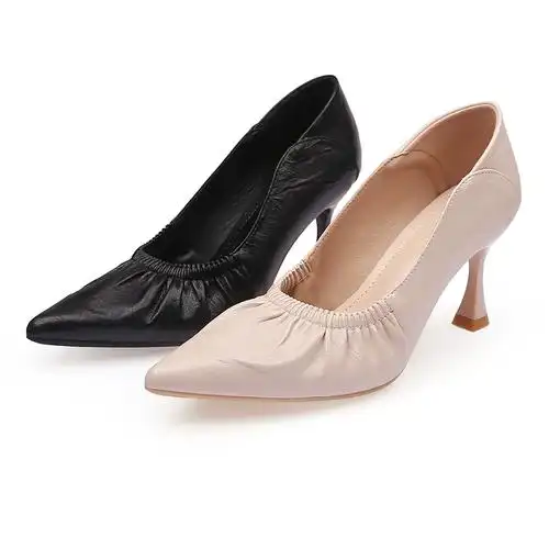 春大东职业工作鞋女尖头浅口松紧细跟女鞋气质两穿高跟鞋真皮单鞋