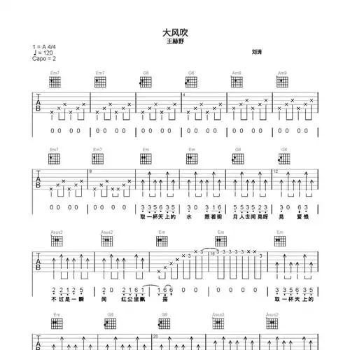 王赫野《大风吹吉他谱》c调弹唱六线谱(好听精编版本)