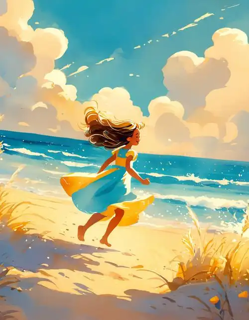 夏天在沙滩上奔跑的小女孩插画手绘