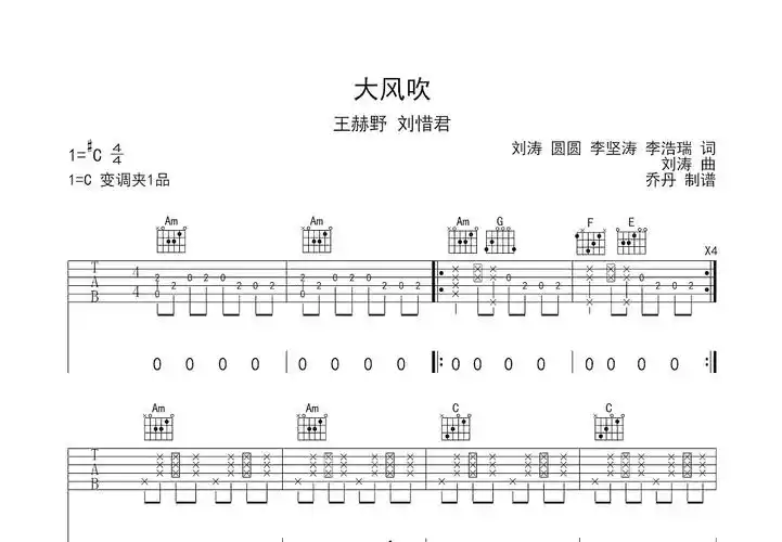 大风吹吉他谱_王赫野,刘惜君c调弹唱82%原版_融川琴行up - 吉他世界