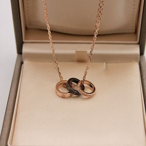 【二手99新】 卡地亚项链 love系列玫瑰金满钻陶瓷三环项链 链长41cm