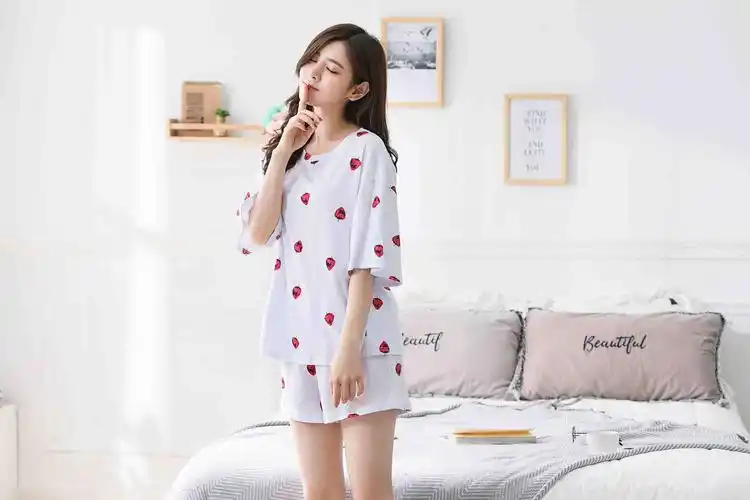 兴业 白草莓 新款纯棉短袖短裤睡衣套装家居服 裤子有口袋m-xxl