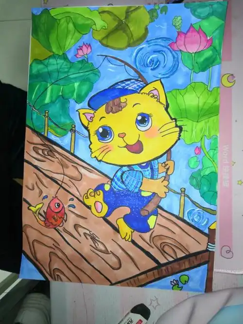 儿童动物植物简笔画小猫钓鱼