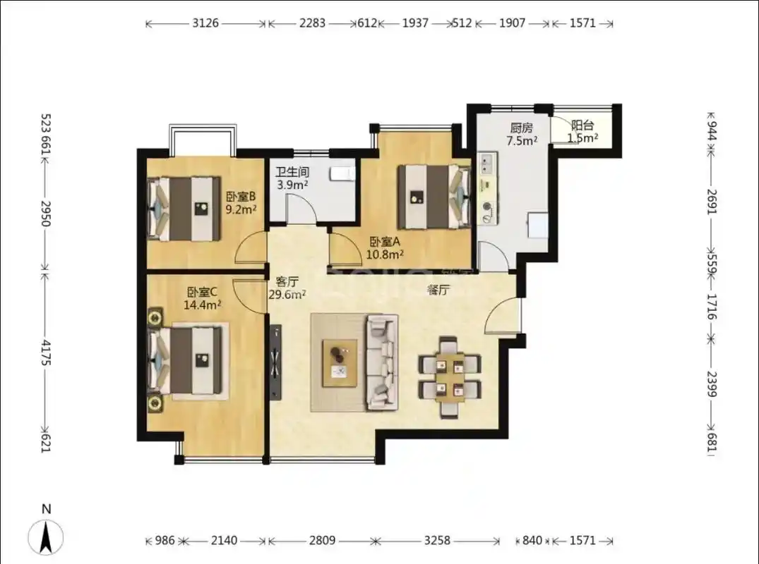 户型图(100平南北通透的三室)补发一张户型图,户型是好户 - 兑趑