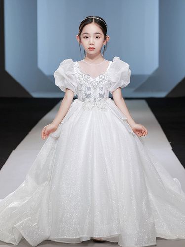 女童主持人高端走秀拖尾儿童晚礼服生日公主裙花童婚礼钢琴演出服