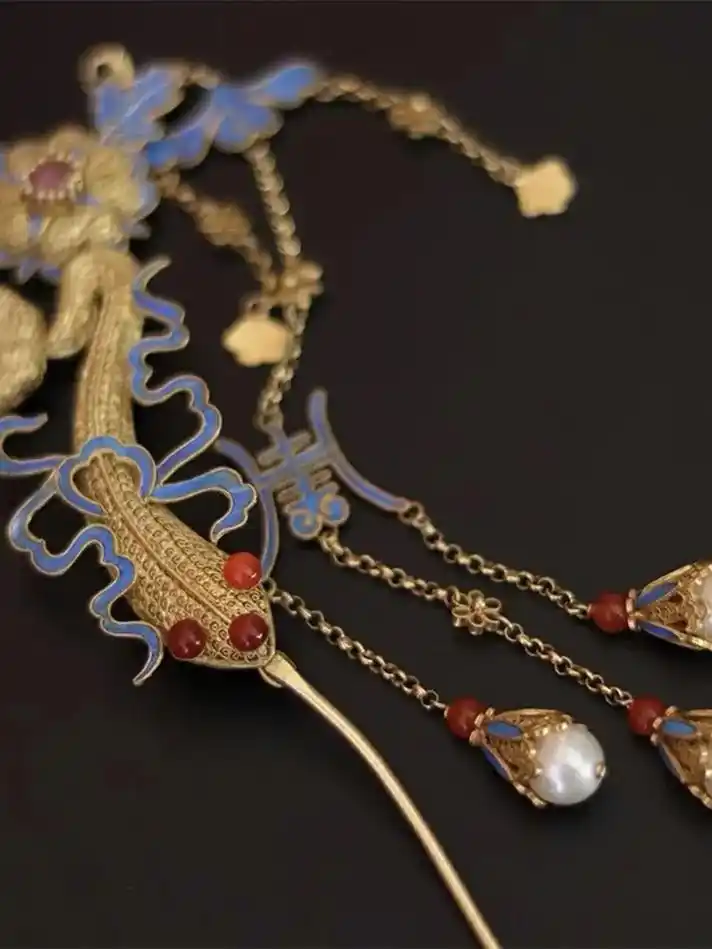 镶金堂银鎏金花丝镶嵌天然碧玺鱼戏花间如意发簪子可拆卸复古风款