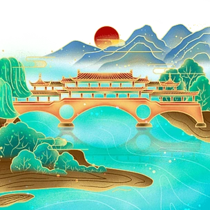 古风国潮工笔风国潮山水廊桥装饰画