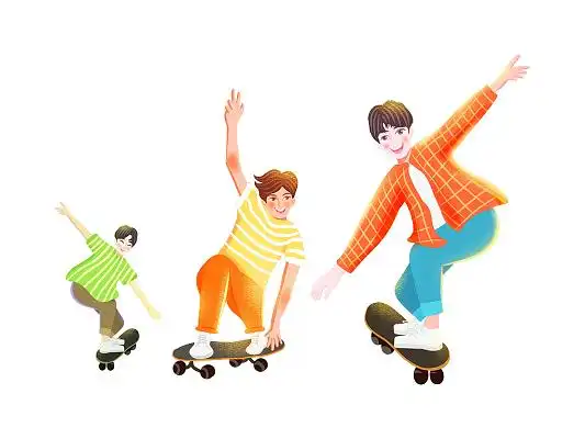 彩色卡通手绘五四青年节男孩滑滑板热情活力元素png素材