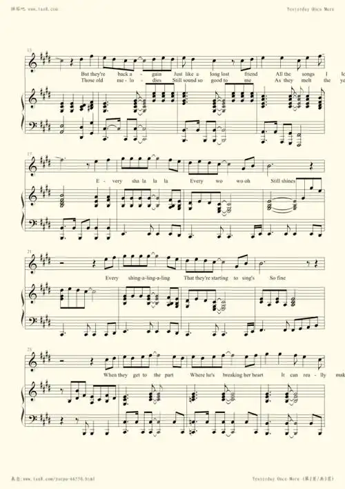 钢琴谱 - yesterday once more昨日重现(弹唱女版e调)