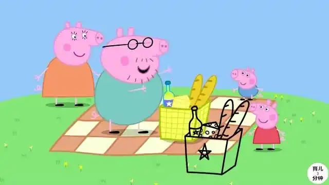 手绘简笔画,小猪佩奇一家人去郊外野餐