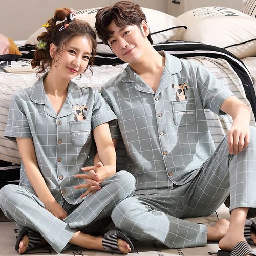 情侣睡衣女夏季纯棉半袖薄款韩版男士开衫家居服短袖长裤两件套装
