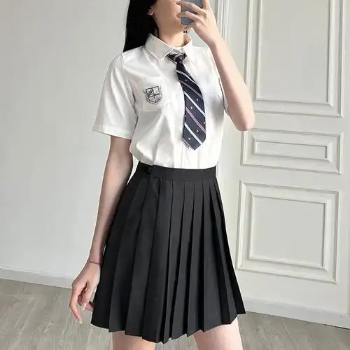jk制服宽松白色衬衫套装日系中学生黑色百褶裙女学院风夏季毕业季