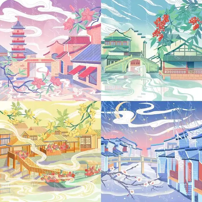 国风插画|乌镇,江南水乡 四张图分别是塔影春光,水色江南,小镇桂雨,桥