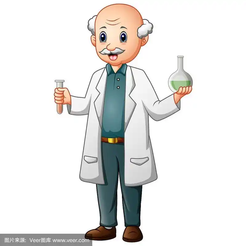 可笑的老化学家拿着试管和烧瓶